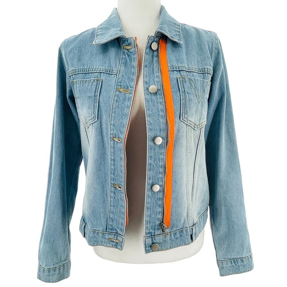 Lee Cooper Vtg 90s Blue Denim Orange Trim Button Asym Zip Classic Jean Jacket M - Picture 2 of 11
